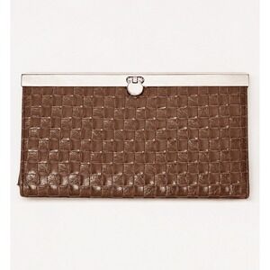 Vintage Brown Basketweave Wallet Clutch Kiss Lock Frame Accordion Coin Zip